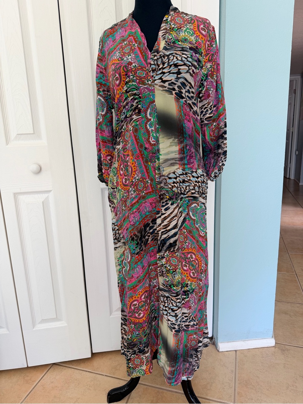 JOHNNY WAS 100% Silk Patterned Pink & Green Maxi Dress Size M
